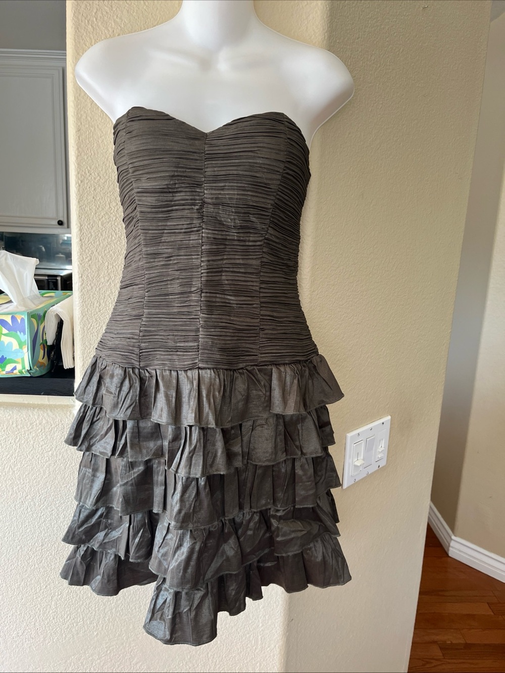 Daisy Strapless Ruched Ruffle Dress in Charcoal Olive color size M